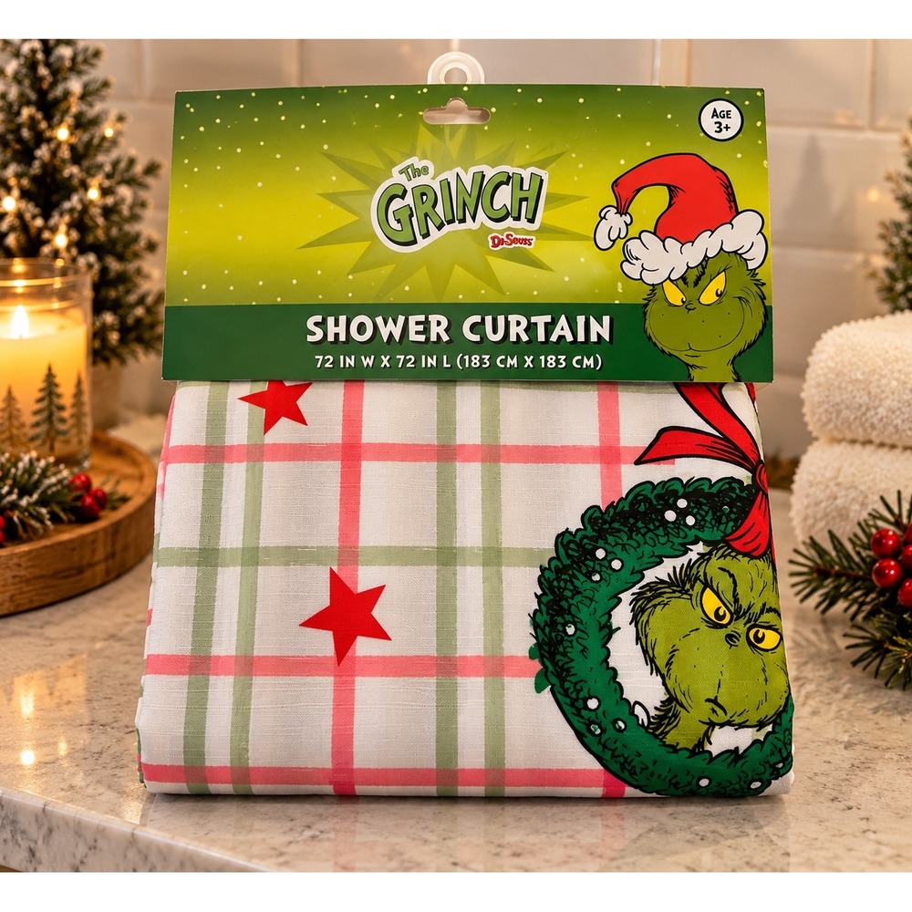 Dr. Seuss The Grinch Christmas Fabric Shower Curtain 72x72 Plaid Holiday Decor